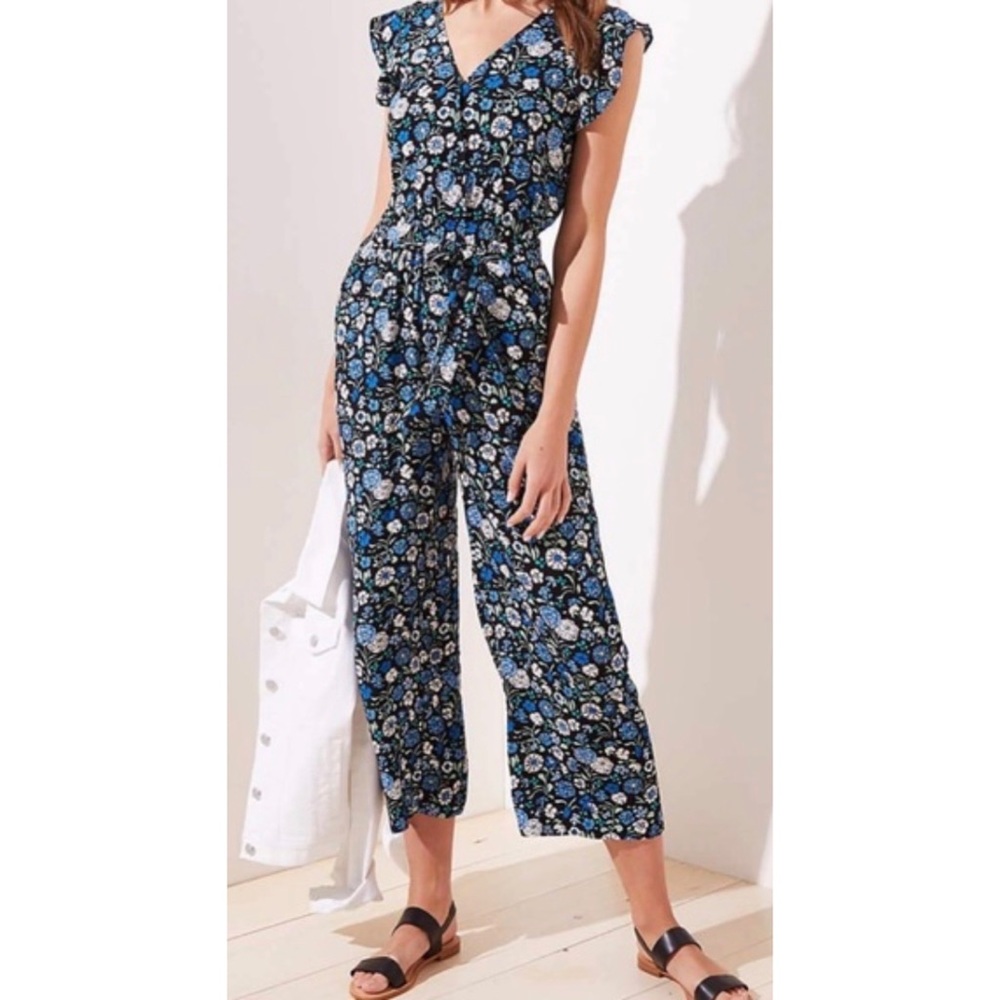 Loft blue and green floral faux wrap jumpsuit